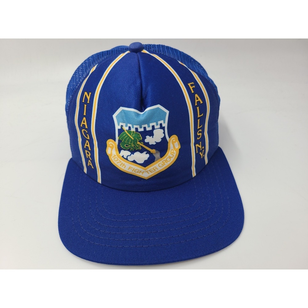 Vintage 107th Fighter Group Niagara Falls NY New Era Mesh Snapback Hat Cap Blue